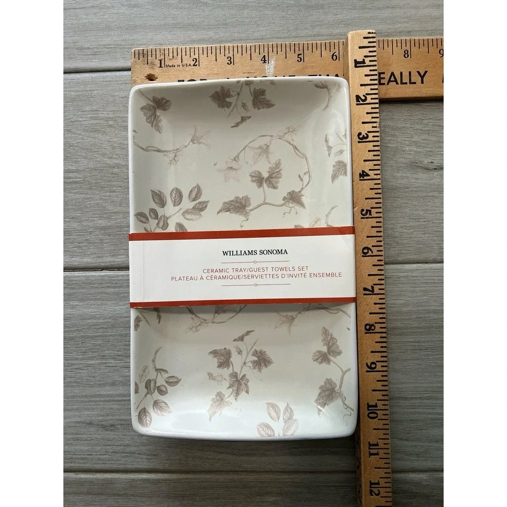 Williams Sonoma Ceramic Guest Towel Tray Set Floral Vanity Bathroom Decor NWT